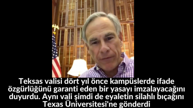Teksas valisi dört yıl önce kampüslerde ifade özgürlüğünü garanti eden bir yasayı imzalayacağını duyurdu. Aynı vali şimdi de eyaletin silahlı bıçağını Texas Üniversitesi'ne gönderdi 11