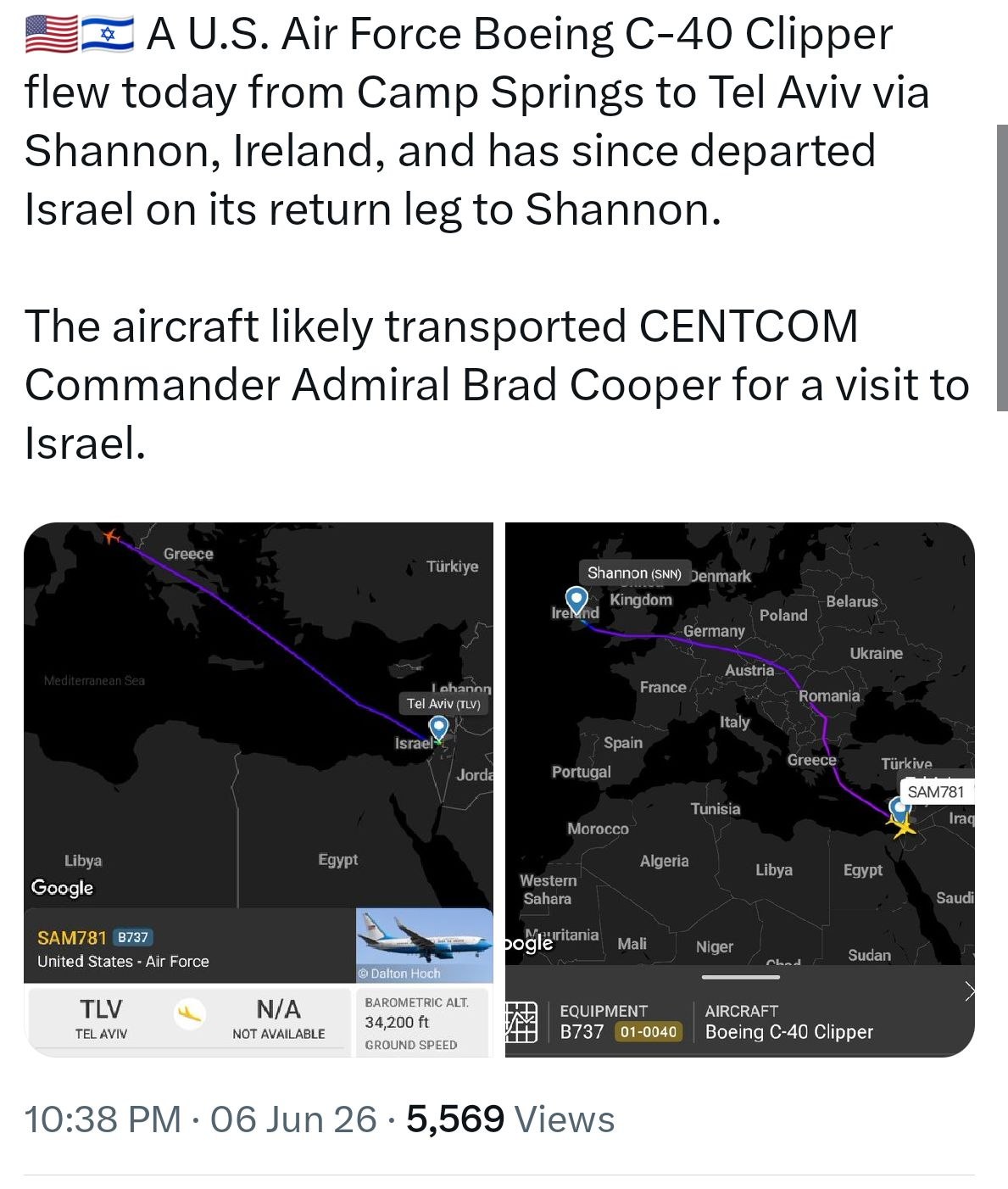 ABD C-40 Clipper Uçağının Uçuşu; CENTCOM Komutanının İşgal Altındaki Topraklarda Bulunma İhtimali
