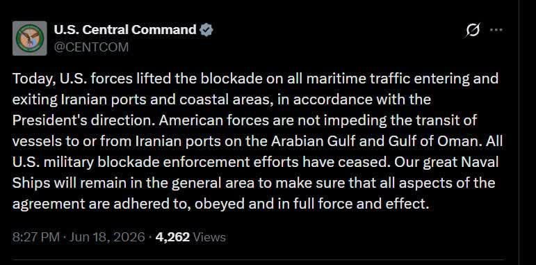 CENTCOM resmi olarak İran'ın deniz ablukasının kaldırıldığını duyurdu.