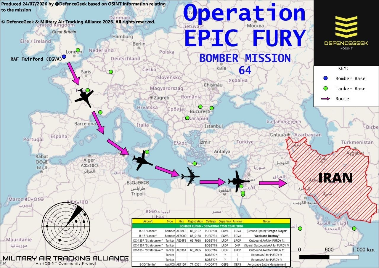 Dün gece, birkaç B-1 bombardıman uçağı, Amerikan yakıt ikmal uçaklarının eşliğinde İngiltere'den havalandı ve Suudi Arabistan'daki Amerikan üssüne iniş yaptı.