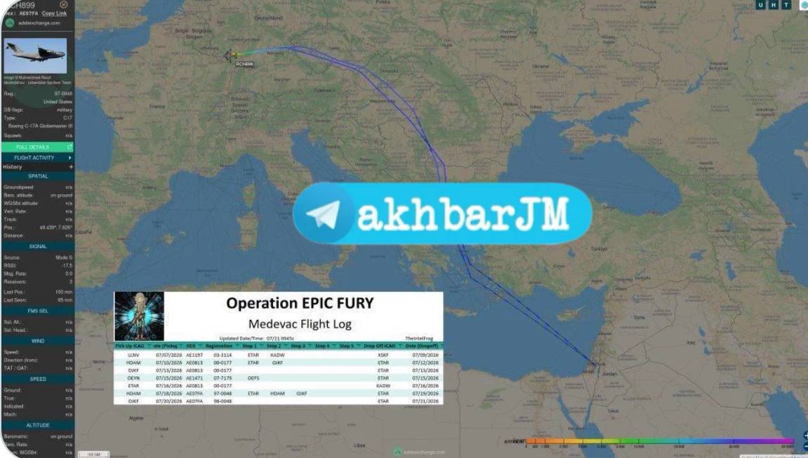 Amerikan C-17A Globemaster III askeri nakliye uçağı (AE0808), son 24 saat içinde (son 72 saat içinde üçüncü) ve 7 Temmuz'dan bu yana CENTCOM'un altıncı görevi olarak, Ürdün'den Amerikan askerlerinin ikinci tıbbi tahliye görevini tamamladı.