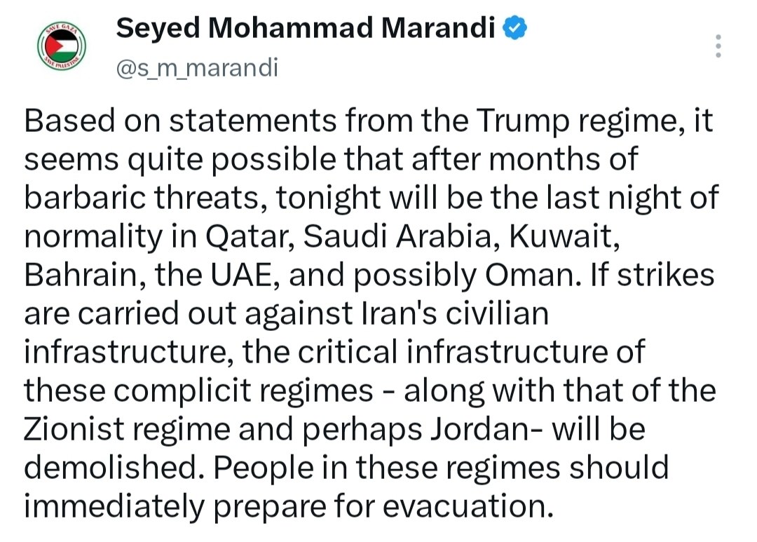 Merandi, müzakere ekibinin danışmanı: Trump yönetimi tarafından yapılan açıklamalara göre, aylarca süren vahşi tehditlerin ardından, bu gece Katar, Suudi Arabistan, Kuveyt, Bahreyn, Birleşik Arap Emirlikleri ve muhtemelen Umman için son 