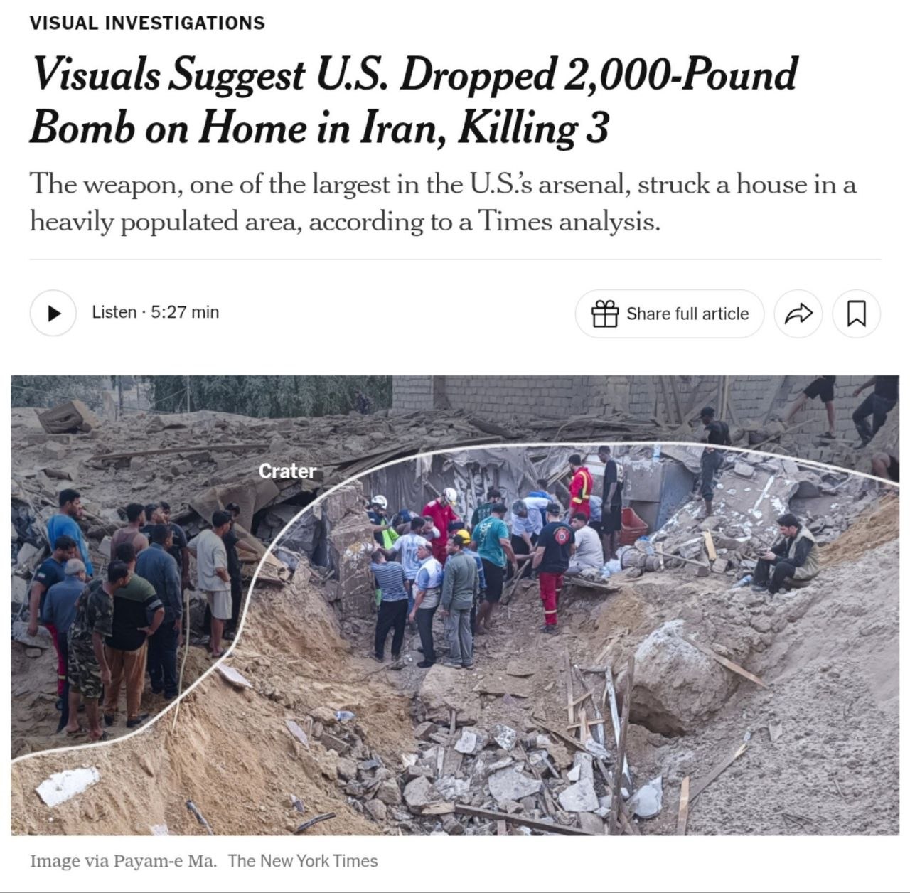 New York Times gazetesi, iki gün önce İran'da bir eve atılan bombanın bir ton patlayıcı içerdiğini duyurdu.