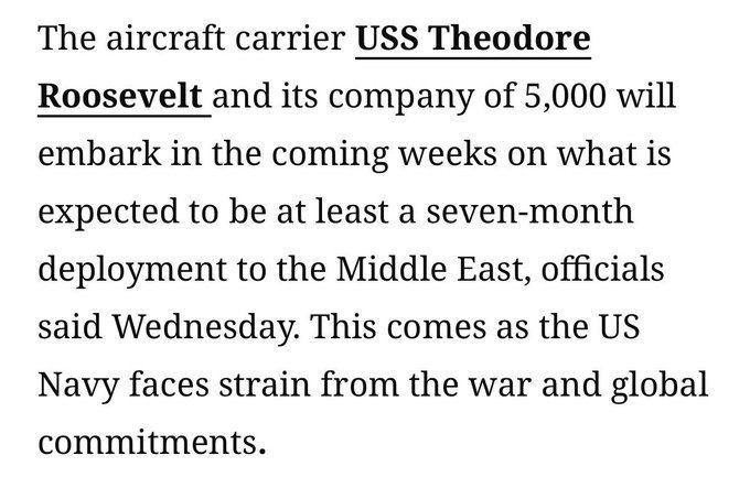 CNN: USS Theodore Roosevelt uçak gemisi ve 5.000 kişilik filosu, en az yedi ay sürmesi beklenen bir görev için önümüzdeki haftalarda Orta Doğu'ya konuşlandırılacak.