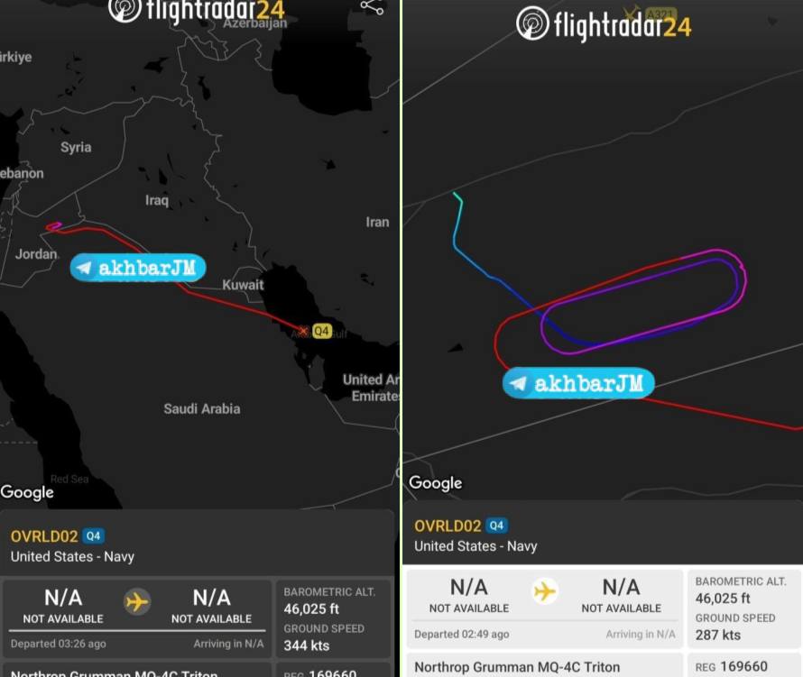 Amerika Birleşik Devletleri'ne ait MQ-4C keşif uçakları, Ürdün'deki Prens Hasan üssünden havalandı ve casusluk faaliyetleri için Körfez'e doğru yola çıktı.