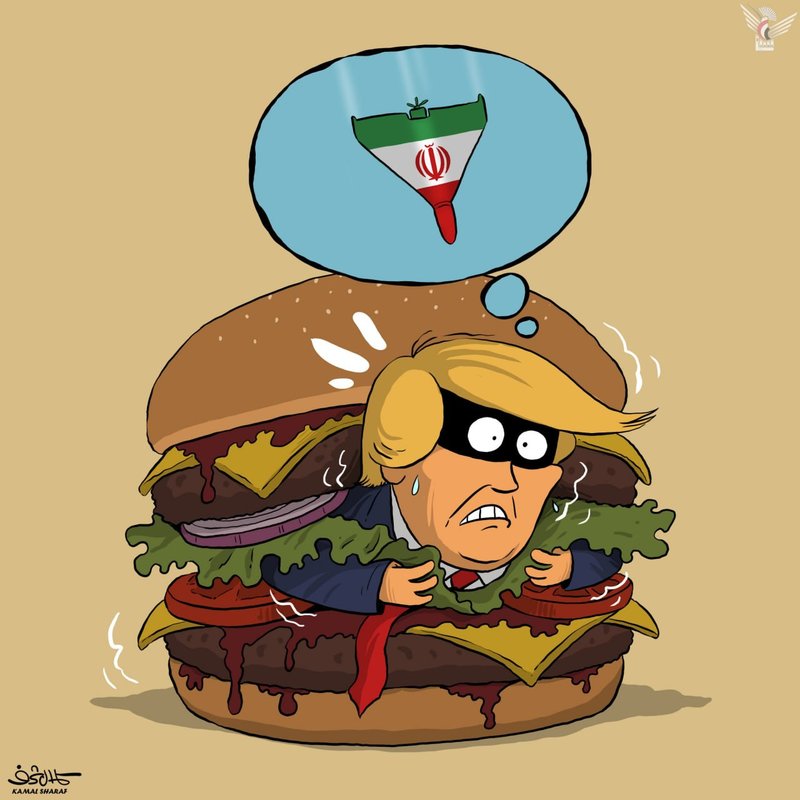 Yemenli karikatürist Kemal Şeraf, Trump’ın İran korkusuyla kaçışını çizdi